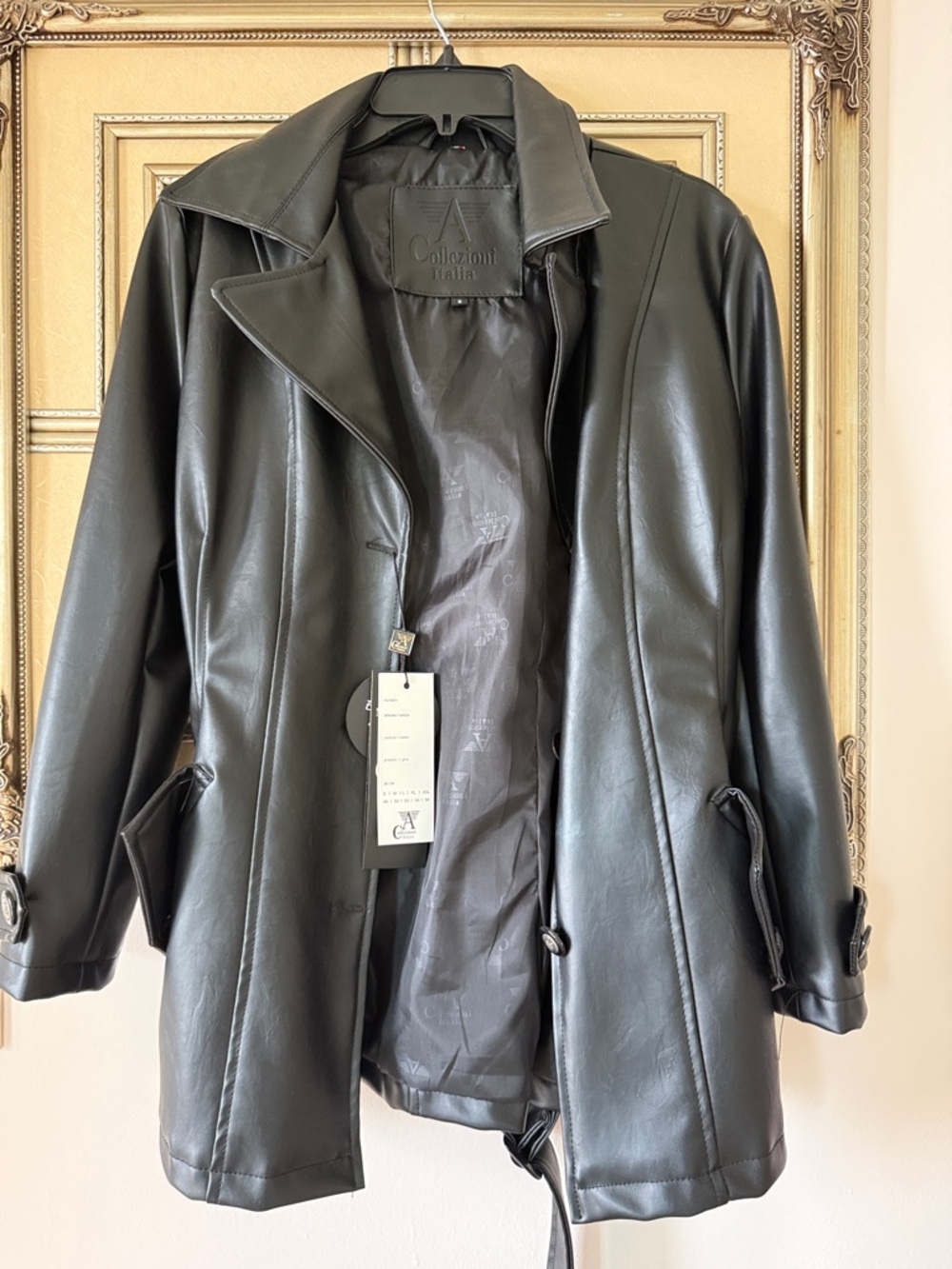 Italina Black Faux Leather Mid-Length Coat with Button-Tab Details